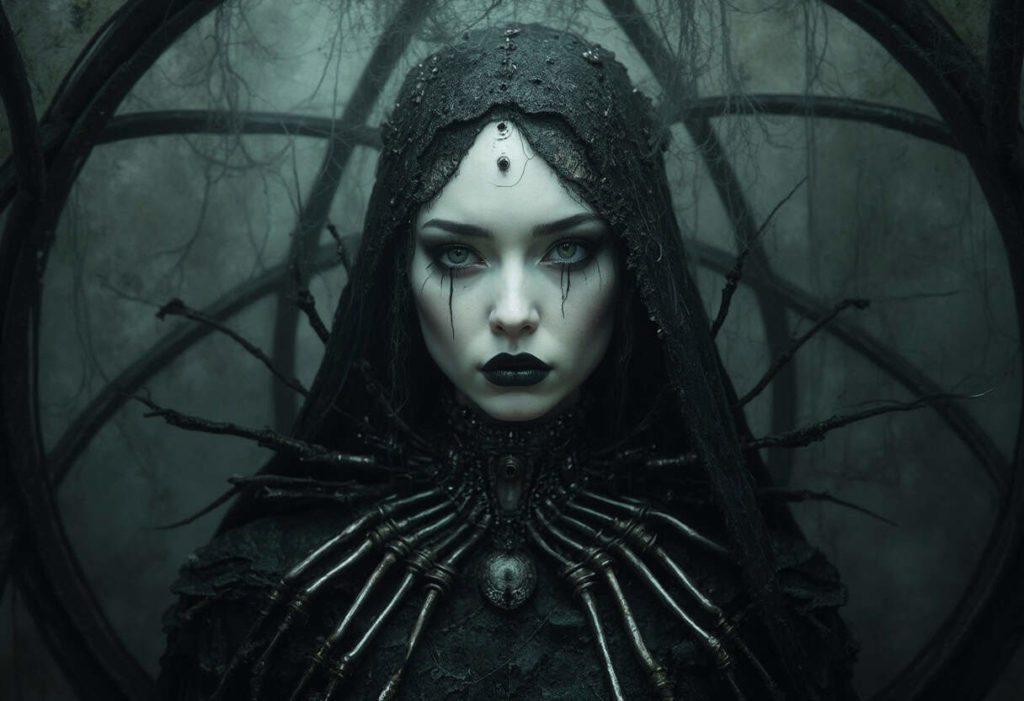 A surreal doll figure in a gothic dome with steampunk elements and eerie lighting