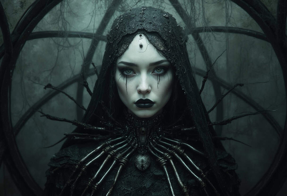 A surreal doll figure in a gothic dome with steampunk elements and eerie lighting