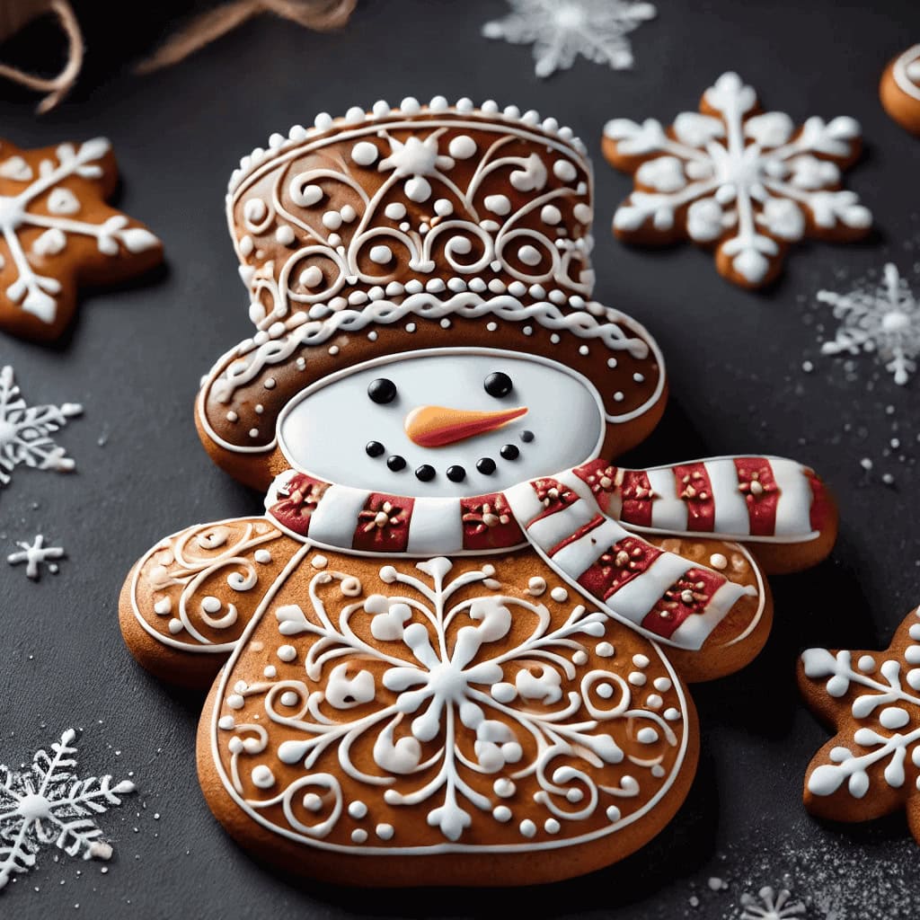 Gingerbread snowman with detailed icing, vibrant floral designs, and a dark background.