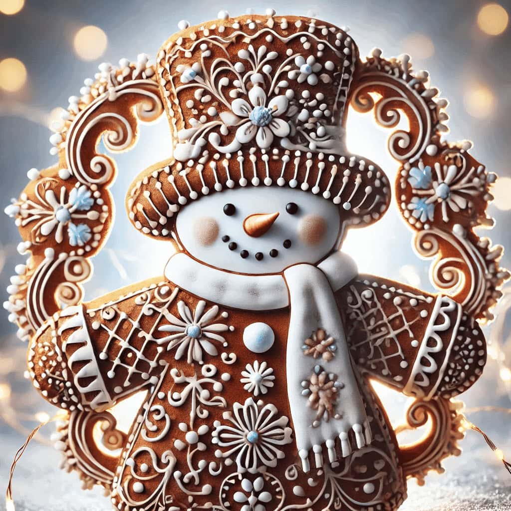 Gingerbread snowman with detailed icing, vibrant floral designs, and a dark background.