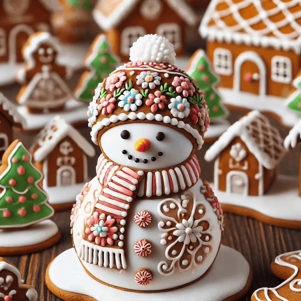 Gingerbread snowman with detailed icing, vibrant floral designs, and a dark background.