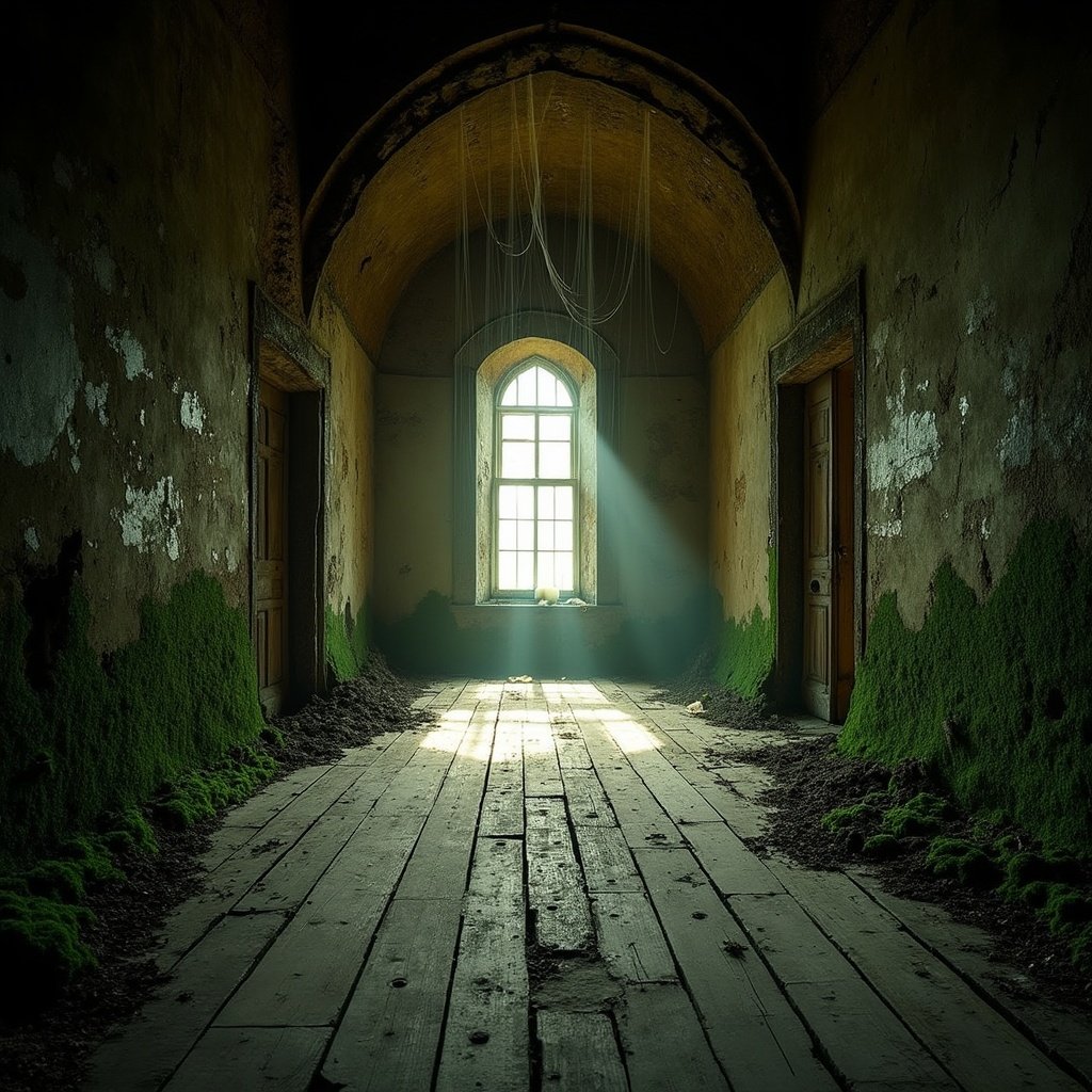 A dark, eerie gothic hallway with cracked walls, shadows, and decaying floors.