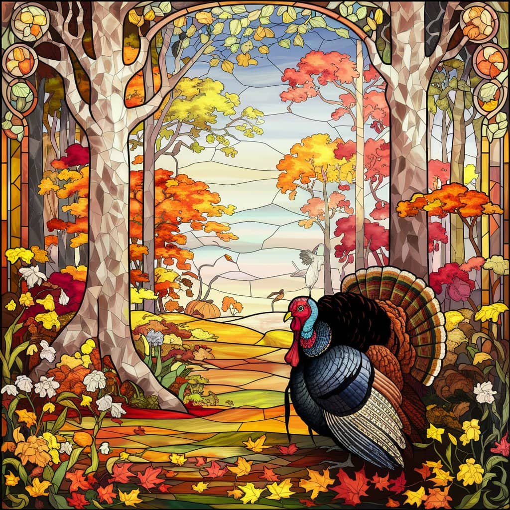A detailed, hyper-realistic Art Nouveau-style autumn forest scene made of stained glass, featuring a turkey surrounded by flowing lines and vibrant colors.