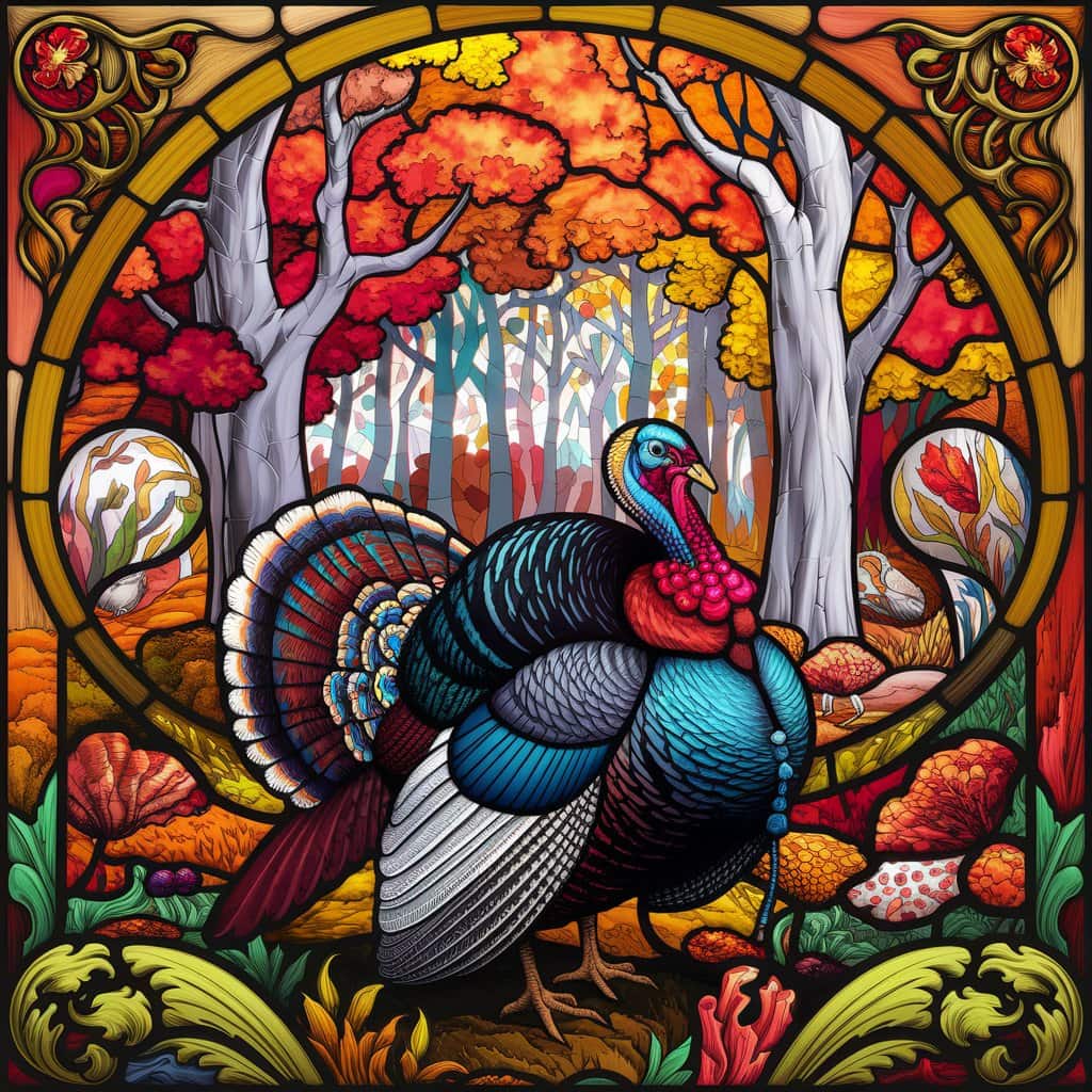 A detailed, hyper-realistic Art Nouveau-style autumn forest scene made of stained glass, featuring a turkey surrounded by flowing lines and vibrant colors.