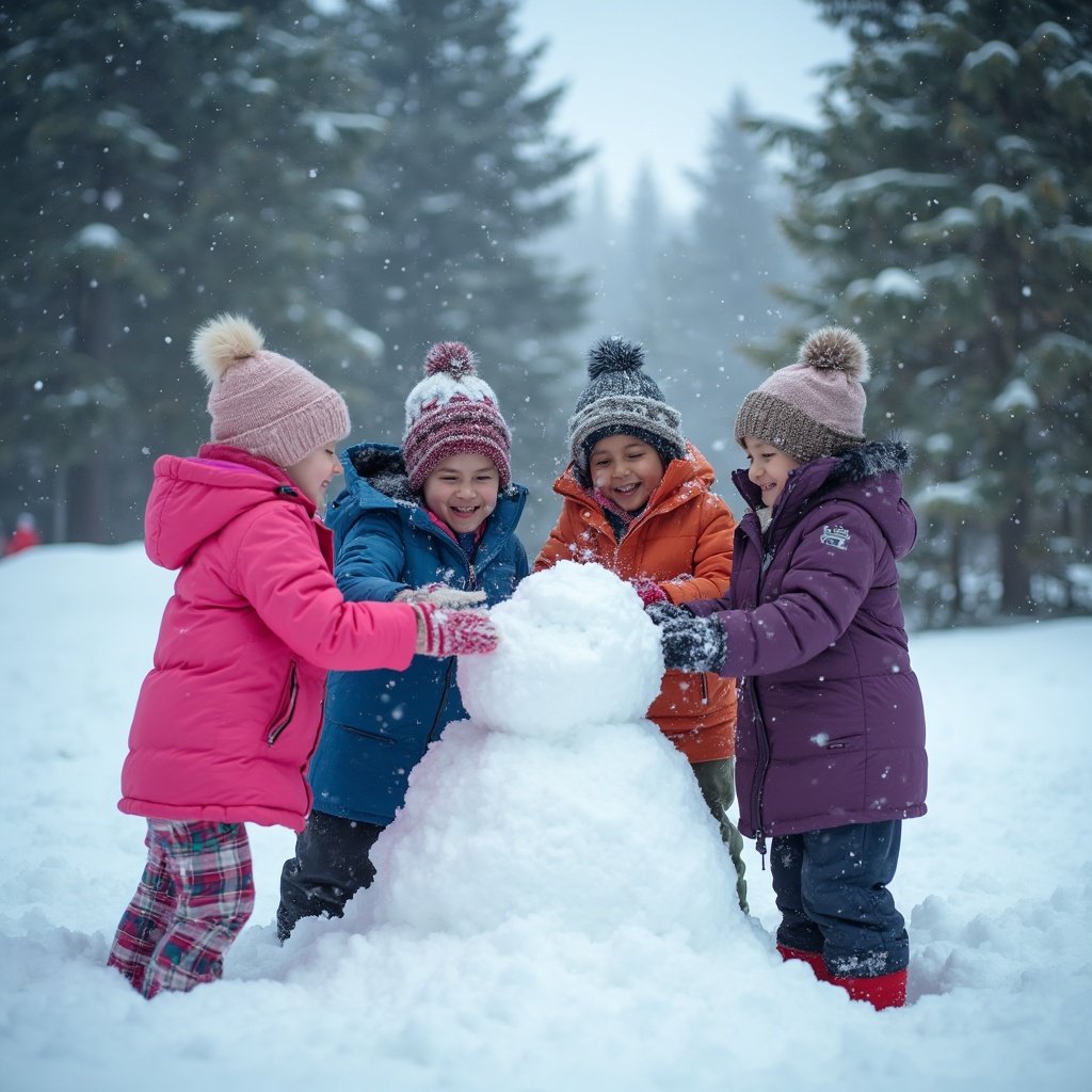 A group of children building a snowman in a snowy park, captured with a fast prime lens to freeze their joyful action.
