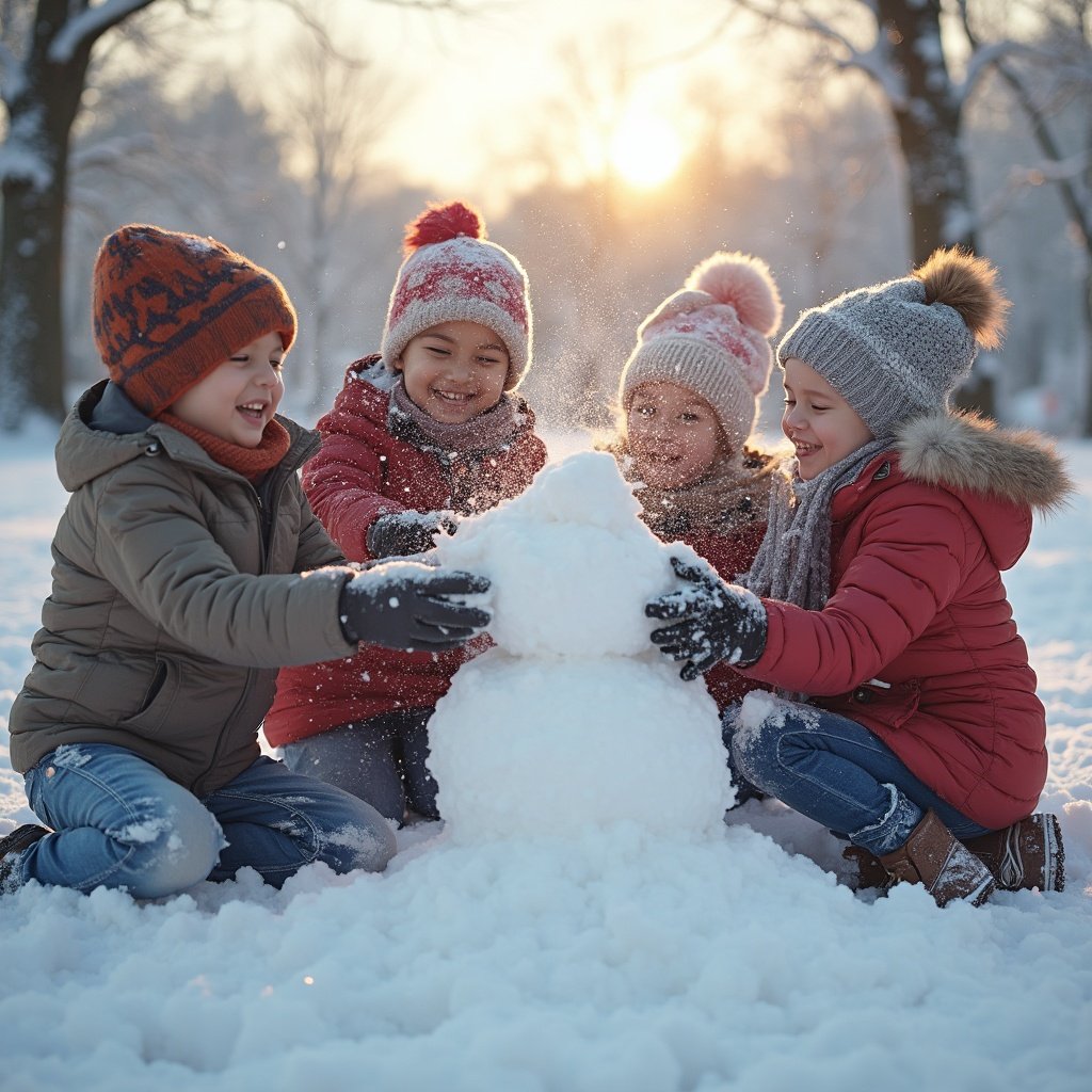 A group of children building a snowman in a snowy park, captured with a fast prime lens to freeze their joyful action.