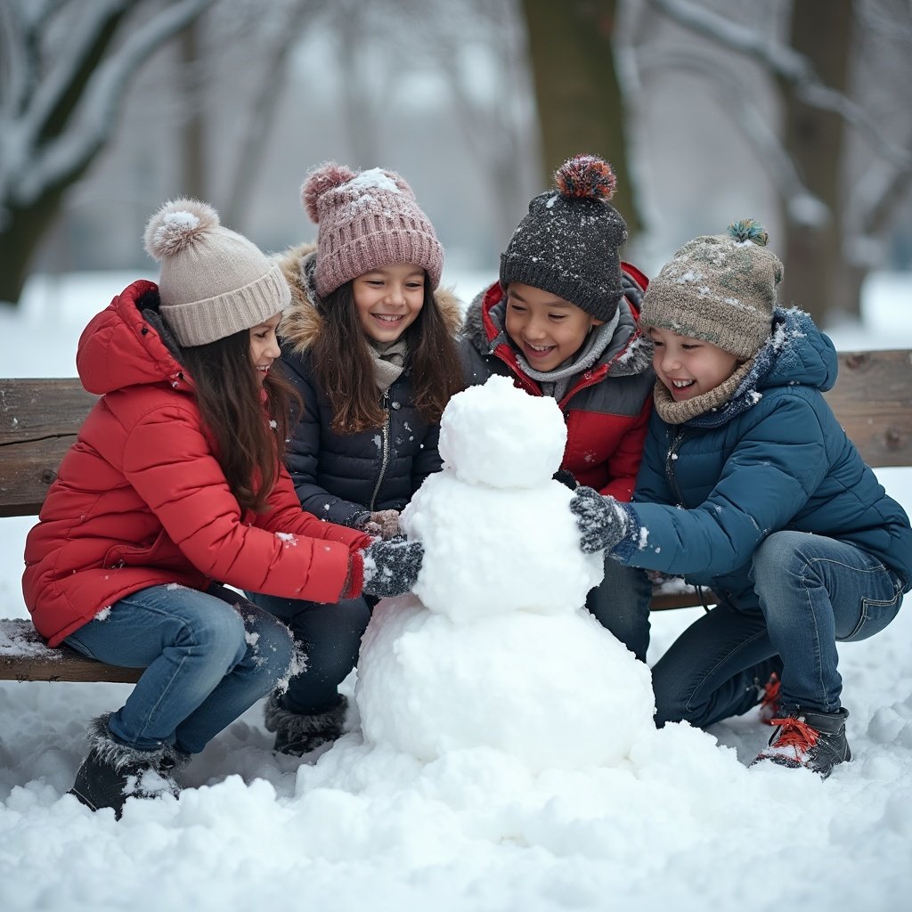 A group of children building a snowman in a snowy park, captured with a fast prime lens to freeze their joyful action.