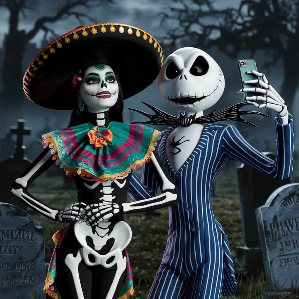La Catrina and Jack Skellington take a selfie in a graveyard, dressed in skeleton and suit attire, with a foggy dark background.