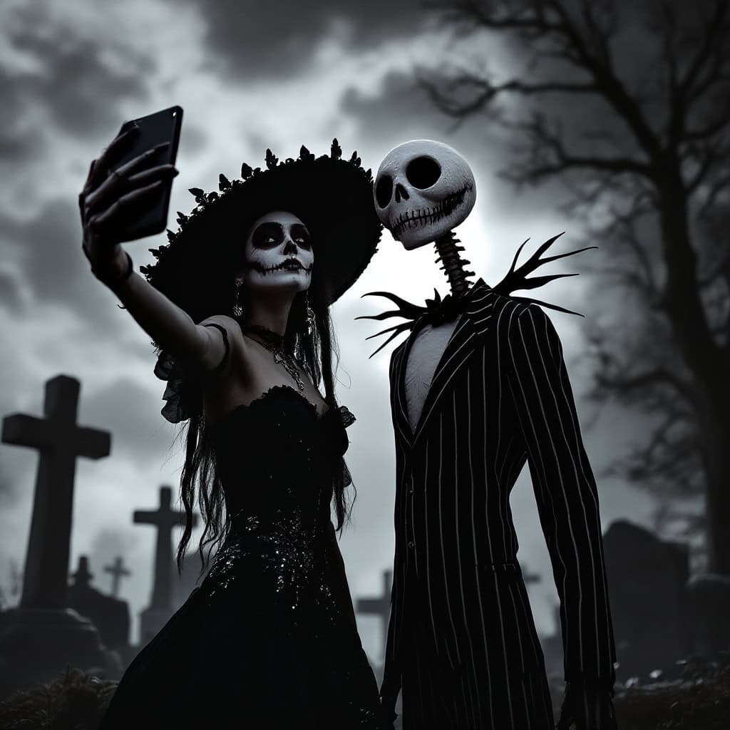 La Catrina and Jack Skellington take a selfie in a graveyard, dressed in skeleton and suit attire, with a foggy dark background.