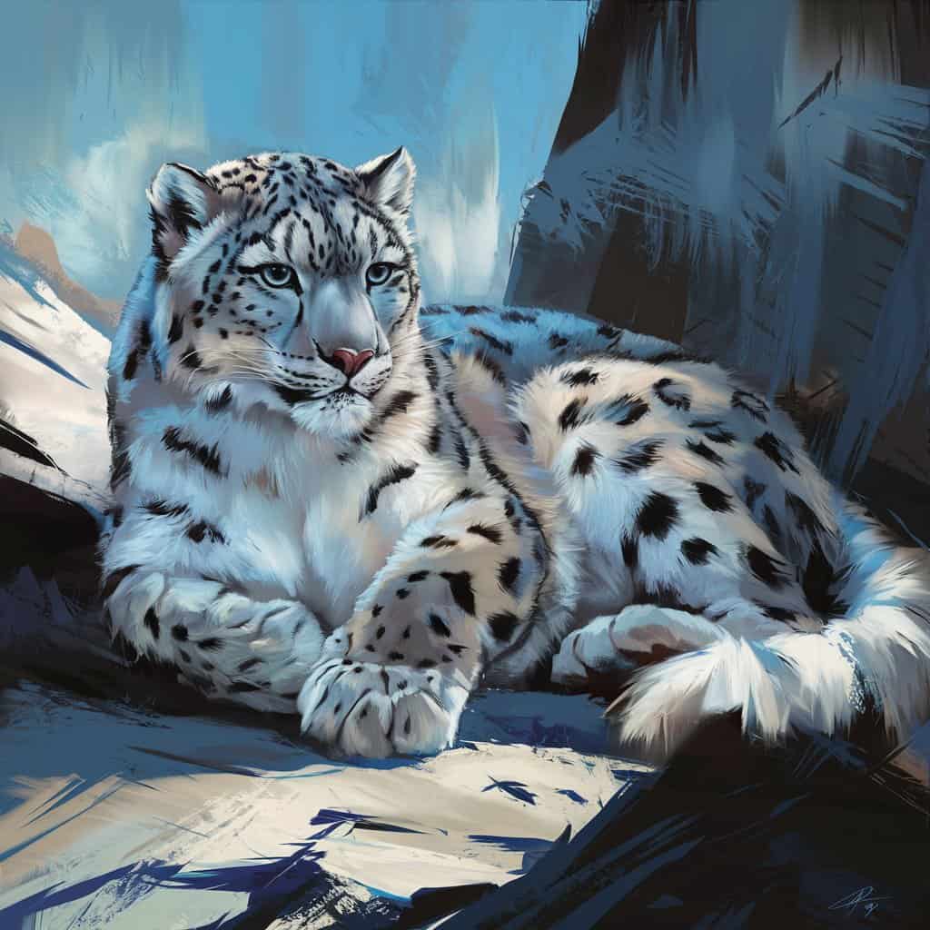 A majestic snow leopard resting in a digital painting influenced by expressionism, surrounded by a mystical blue glow and dramatic shadows.