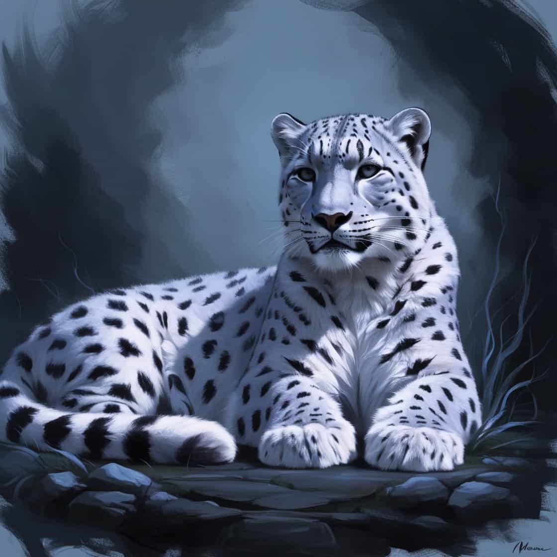 A majestic snow leopard resting in a digital painting influenced by expressionism, surrounded by a mystical blue glow and dramatic shadows.