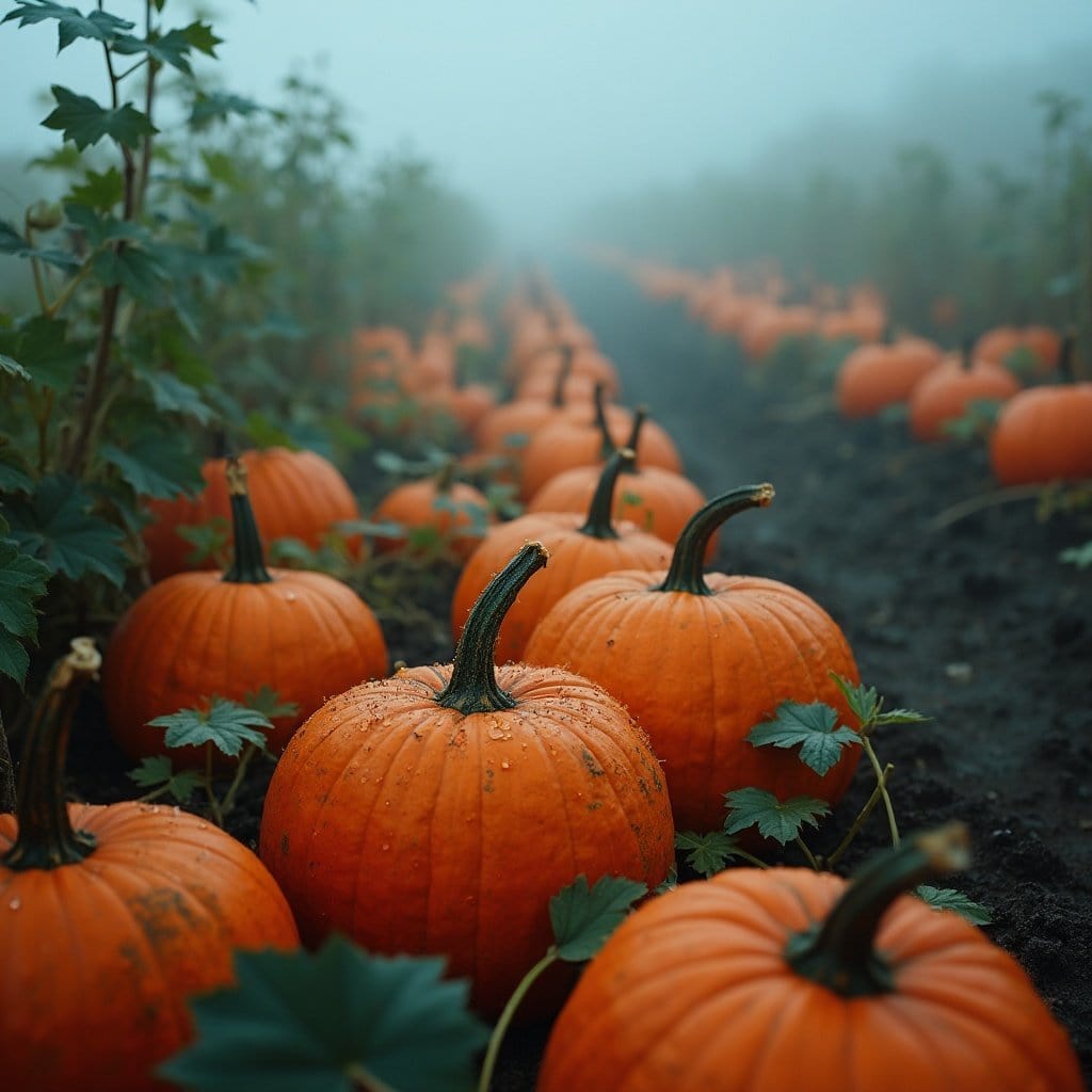 A foggy morning in a pumpkin patch with rows of vibrant pumpkins and vines, captured using a telephoto lens.