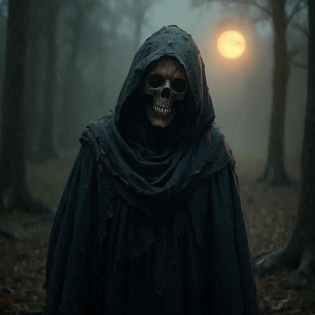 The Grim Reaper, cloaked in a tattered black robe, stands in a rain-soaked, dark landscape. His skeletal face reveals sunken eye sockets and a sinister grin.