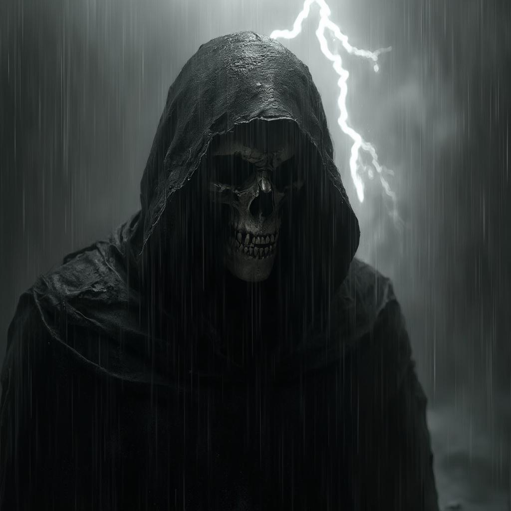 The Grim Reaper, cloaked in a tattered black robe, stands in a rain-soaked, dark landscape. His skeletal face reveals sunken eye sockets and a sinister grin.