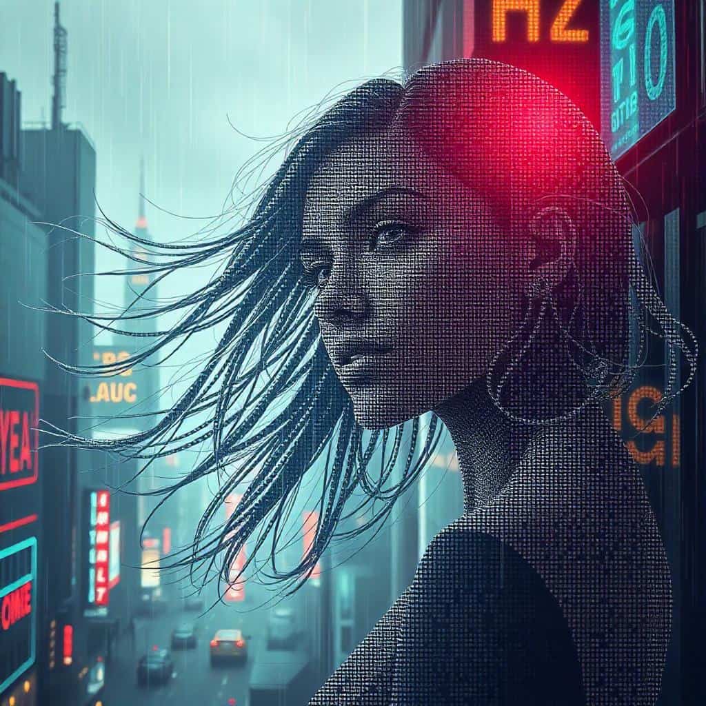 A female figure crafted with intricate Bayer dithering patterns stands before a cyberpunk cityscape, neon lights, and matrix code, rendered in pixel art.