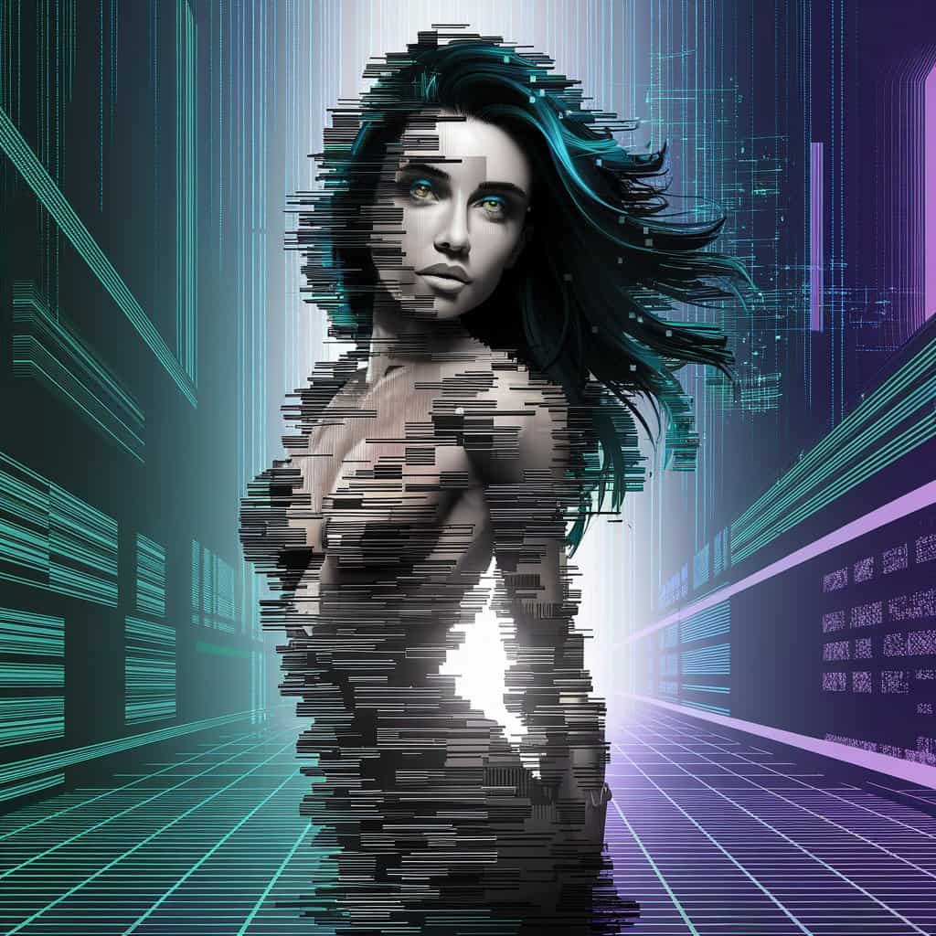 A female figure crafted with intricate Bayer dithering patterns stands before a cyberpunk cityscape, neon lights, and matrix code, rendered in pixel art.