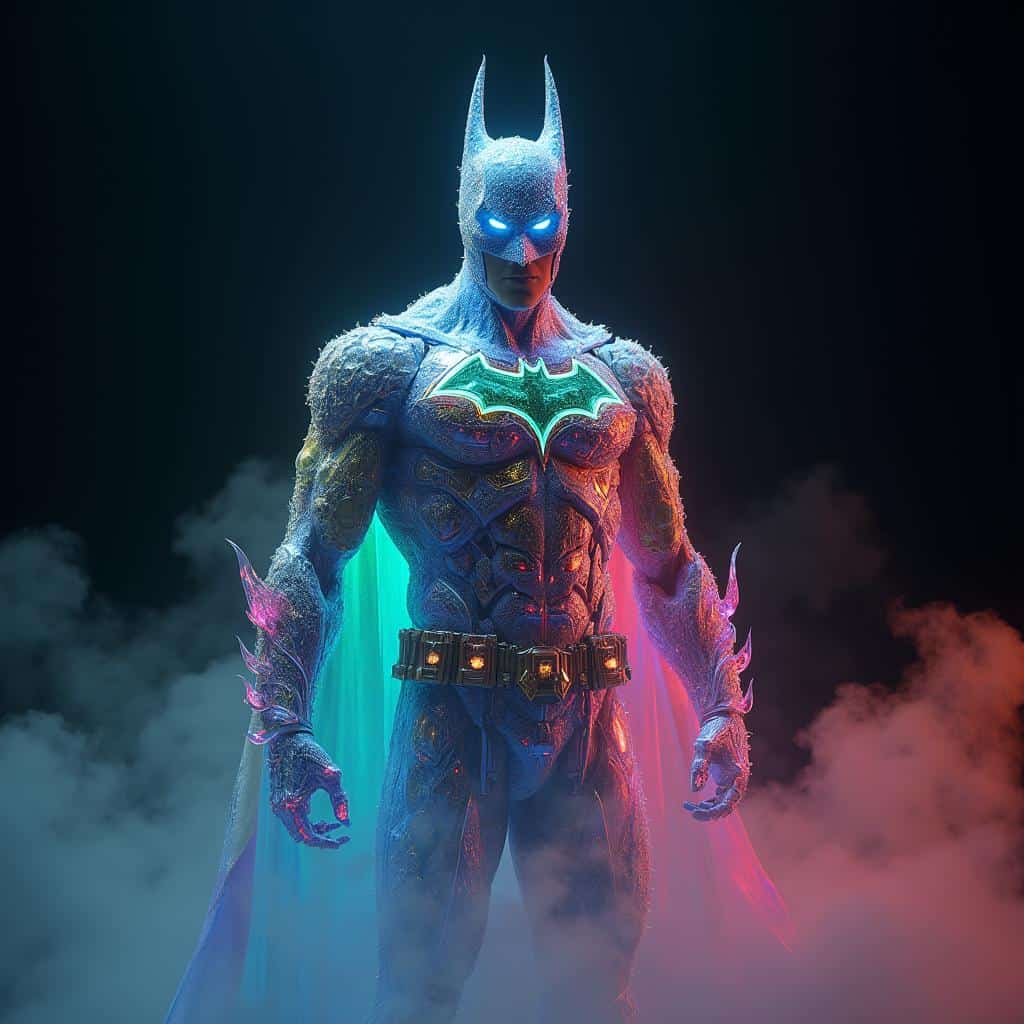 A superhero wearing a complex crystal armor that radiates rainbow hues in a cloud of smoke against a dark background, in high-resolution HDR.