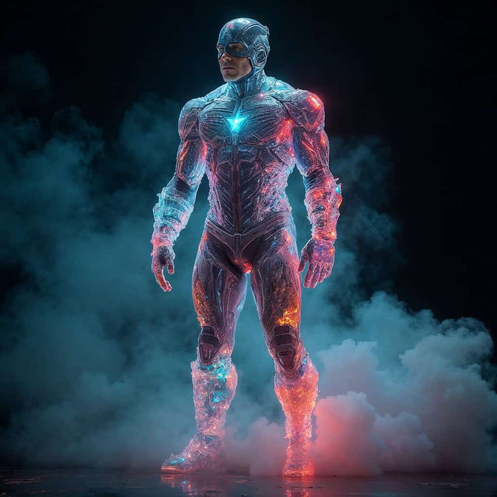 A superhero wearing a complex crystal armor that radiates rainbow hues in a cloud of smoke against a dark background, in high-resolution HDR.
