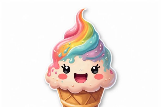 A cute rainbow ice cream cone with smiling faces designed as a 2D sticker