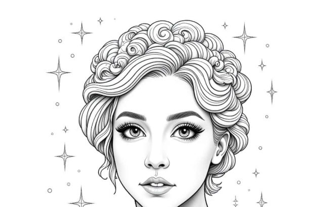 A hyper-realistic pencil drawing of a celestial-themed Enchanted Starlight scene, designed for a grayscale coloring book page.