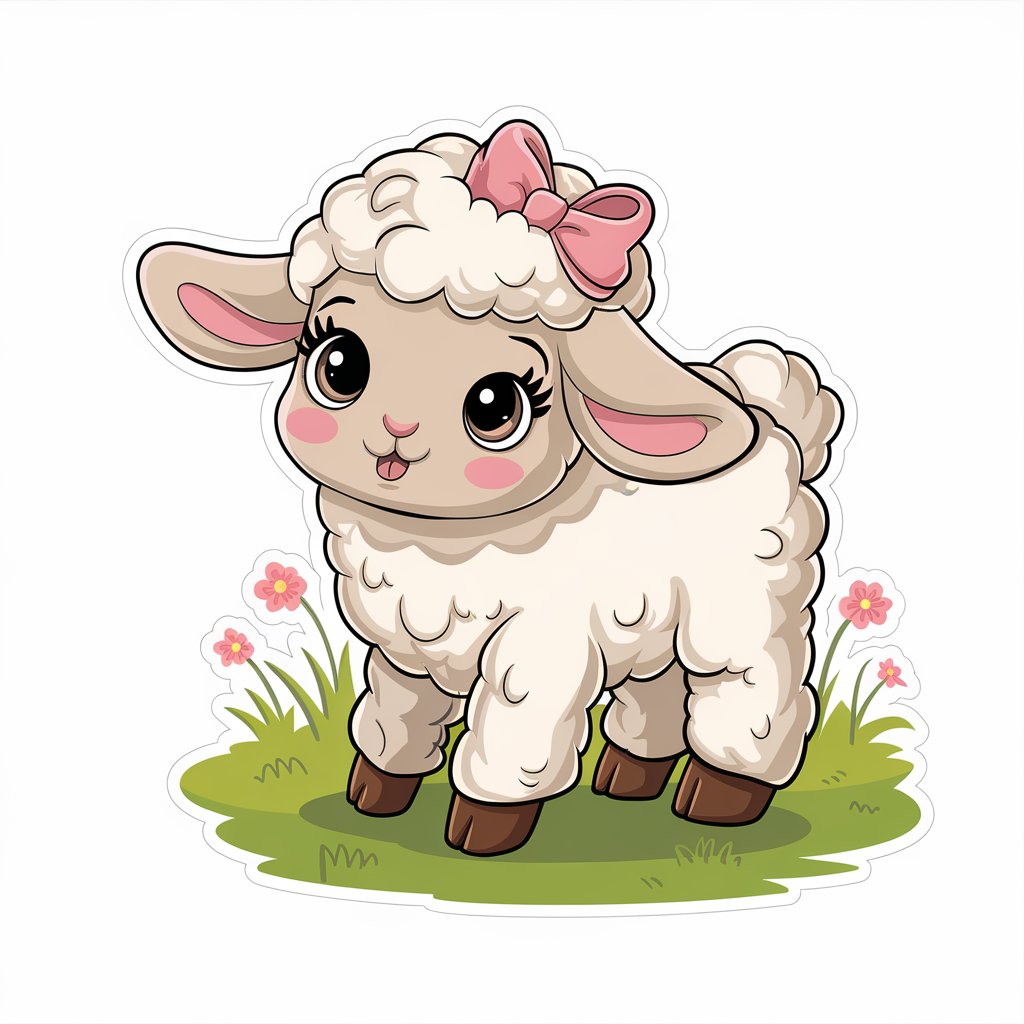 A fluffy lamb with a bow, featuring white colors and cute features in a serene 2D sticker design with a white background.