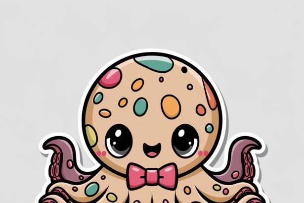 A 2D sticker of a fluffy octopus wearing a bow tie, with vibrant colors and a cute expression on a white background.