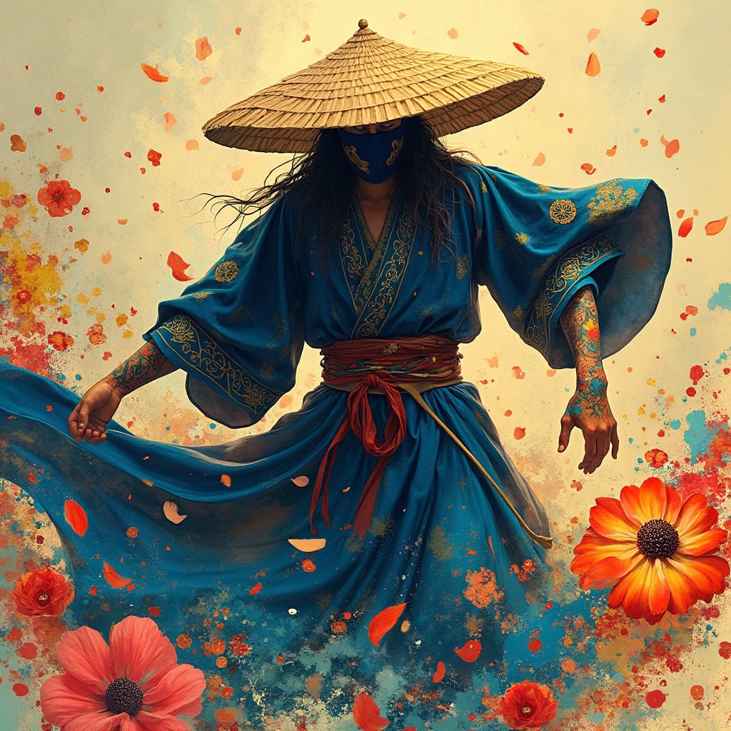 A vibrant illustration of a mysterious samurai in action, wearing a straw hat and deep blue robe with golden patterns, surrounded by swirling petals and colorful splashes.
