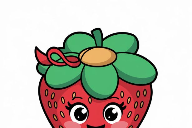 A playful strawberry 2D sticker wearing a flower hat with vibrant red and green colors on a white background.