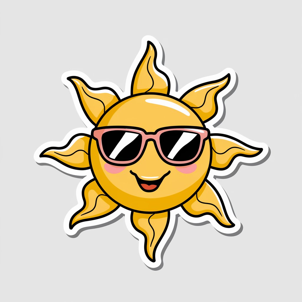 A 2D sticker of a playful sun wearing sunglasses with smiling rays on a white background.