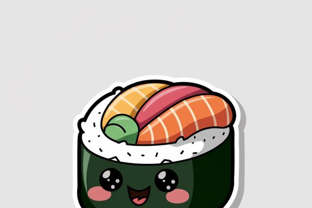 A playful 2D sticker of a sushi roll with a smiling face, designed in vibrant colors on a white background.