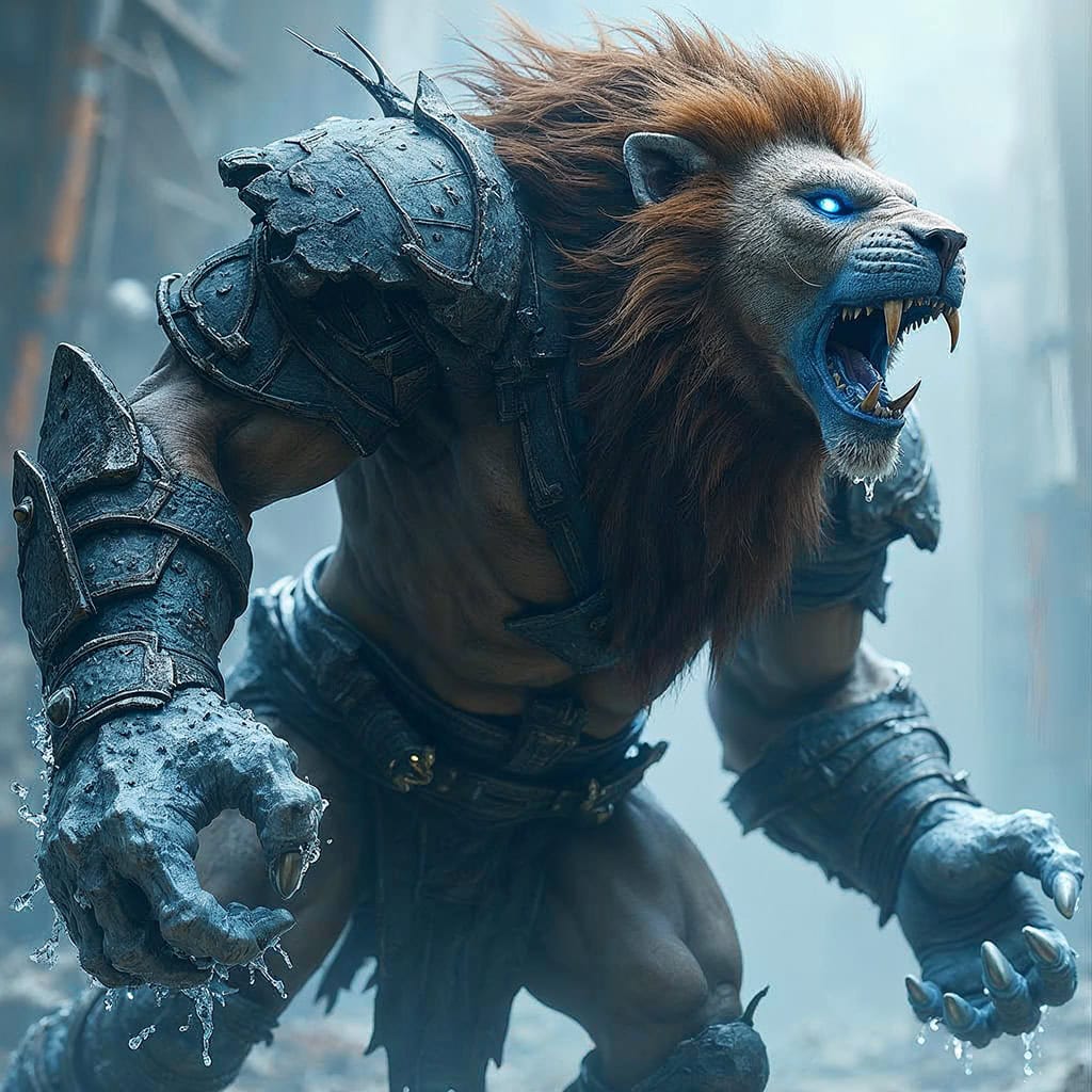 A terrifying hybrid Frost Lion, a blend of icy warrior and ferocious lion, roaring with frost and glowing frozen eyes.