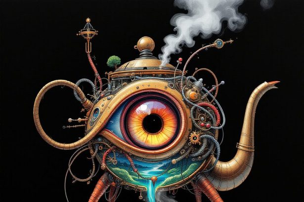 A futuristic teapot with delicate legs, intricate gears, and glowing digital elements.