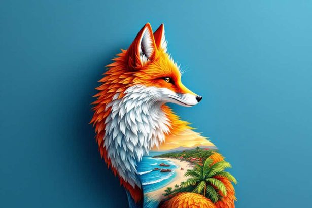 A majestic fox silhouette filled with a Cancun beach scene, featuring vibrant colors and surreal design.
