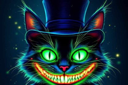 A glowing neon Cheshire Cat with radiant green eyes, wearing a top hat and bowtie, in a surreal dark fantasy setting.