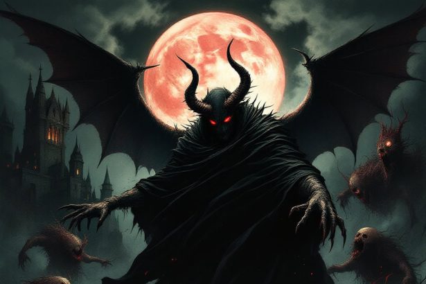 Dark fantasy illustration of Satan with red eyes and a black cape.