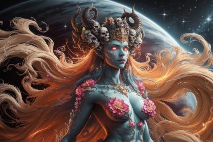 A hyperrealistic depiction of a powerful female demon with golden fire hair and intricate body art, standing in outer space.