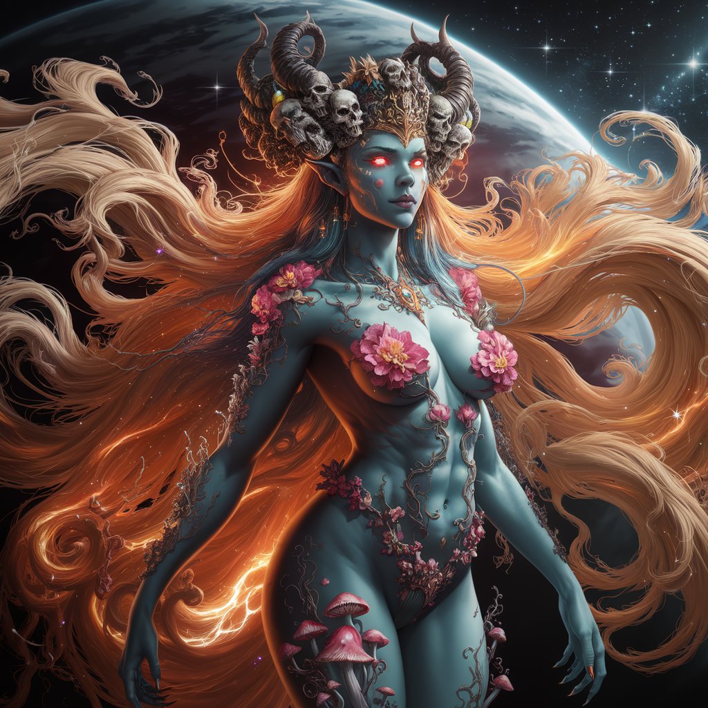A hyperrealistic depiction of a powerful female demon with golden fire hair and intricate body art, standing in outer space.
