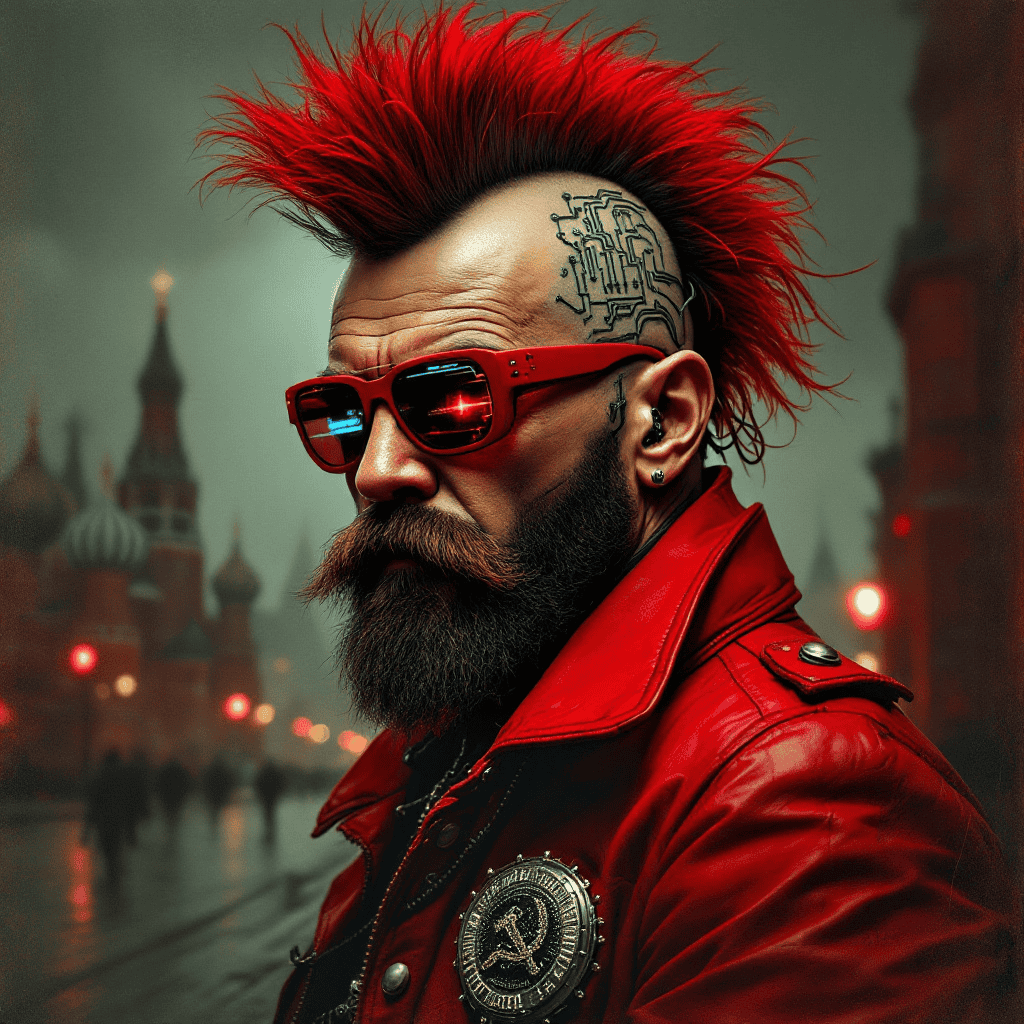 Cyberpunk-inspired illustration of Vladimir Lenin with a mohawk, circuit tattoos, and holographic glasses in Red Square.