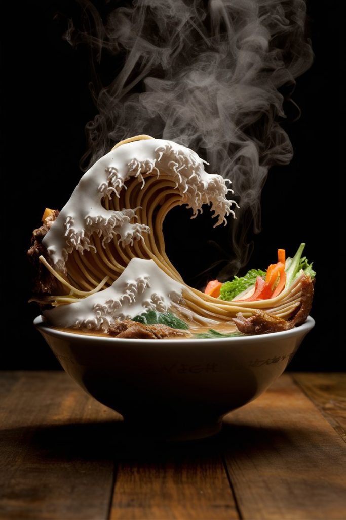 A stop motion photograph of ramen noodles shaped like the Great Wave of Kanagawa, with vegetables and meat creating wave textures.