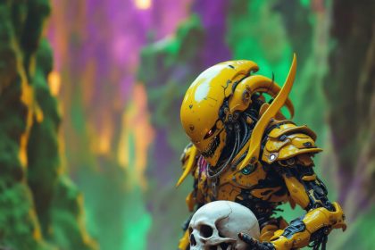 Alien warrior robot holding a skull in vivid yellow armor against a green and purple futuristic world.