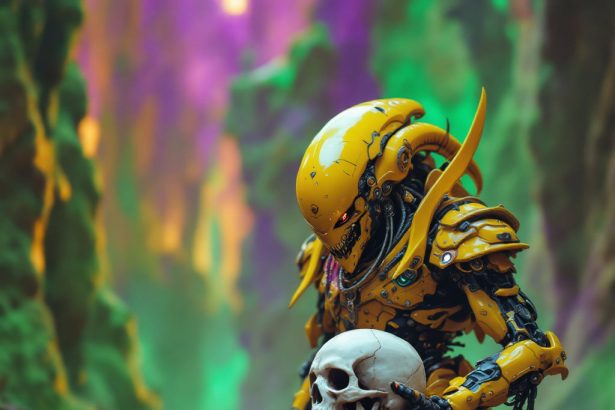 Alien warrior robot holding a skull in vivid yellow armor against a green and purple futuristic world.