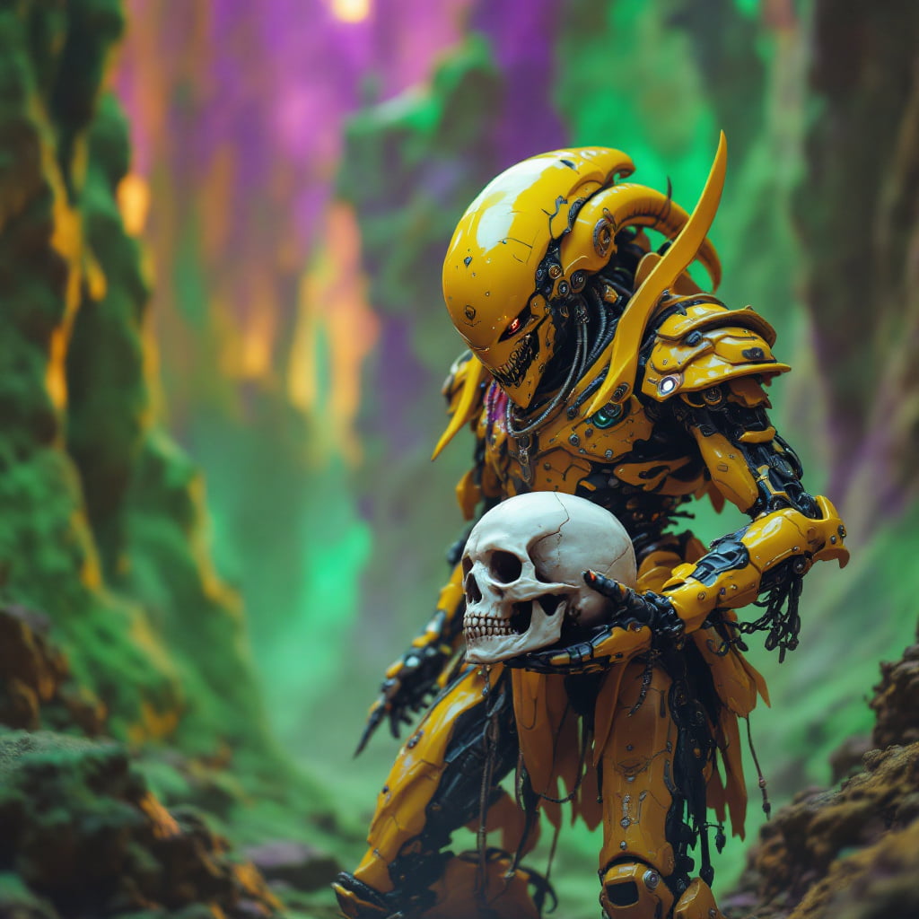 Alien warrior robot holding a skull in vivid yellow armor against a green and purple futuristic world.