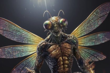Cinematic anime-inspired 4K UHD image of Andrew Hiem as Gildie, a grotesque insect-human fusion, in a dark underground arena.