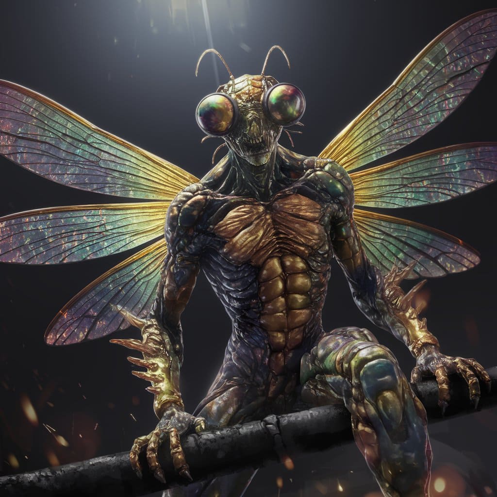 Cinematic anime-inspired 4K UHD image of Andrew Hiem as Gildie, a grotesque insect-human fusion, in a dark underground arena.