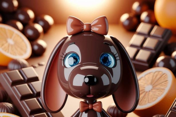 A 3D realistic illustration of chocolate Snoopy dressed as a bunny, surrounded by chocolate treats and glowing background.