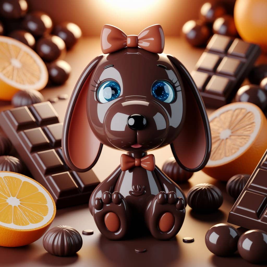 A 3D realistic illustration of chocolate Snoopy dressed as a bunny, surrounded by chocolate treats and glowing background.