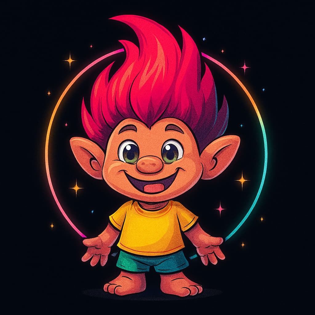 Cartoon troll with spiky pink hair and glowing neon circle