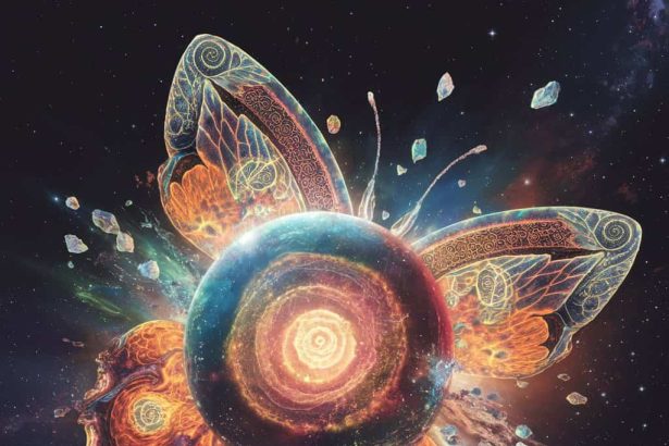 Extreme close-up of a psychedelic planet exploding in vibrant colors and opal-like shards with celestial beauty.