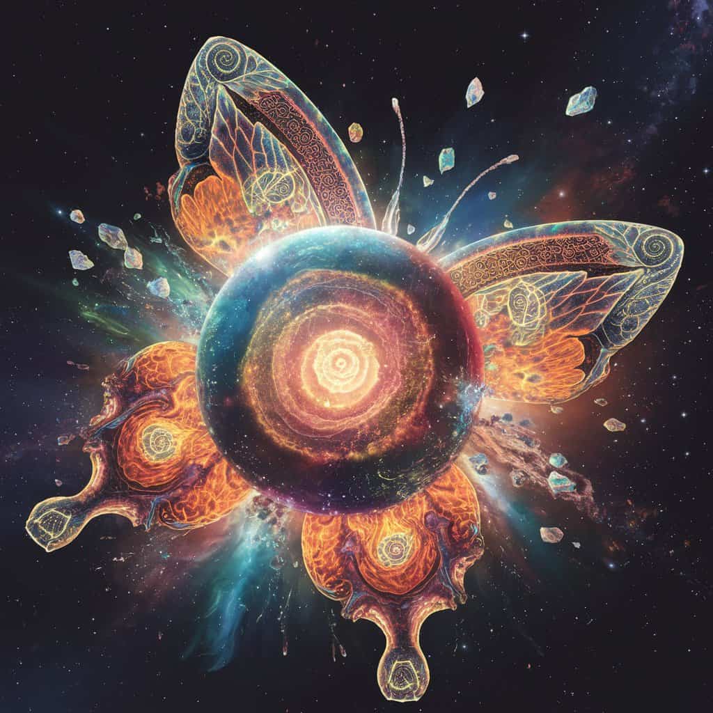 Extreme close-up of a psychedelic planet exploding in vibrant colors and opal-like shards with celestial beauty.