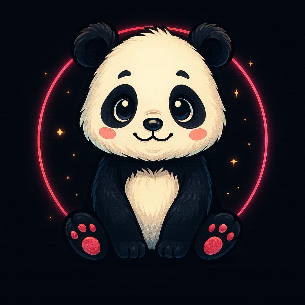 Adorable cartoon panda with glowing eyes and pink cheeks